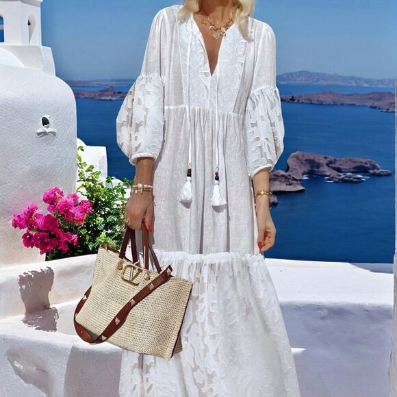 Dresses & Skirts - White Boho Women's Loose Tie Neck Ruffled Hem Long Sleeve Dress